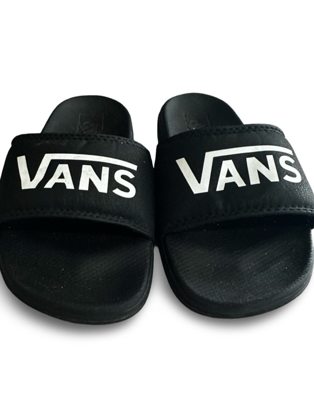 Vans Kids Black Slide Sandals with White Logo Strap